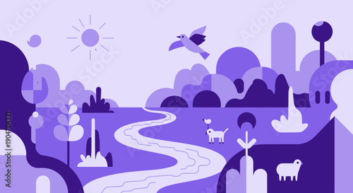 Illustration of a serene landscape with animals and people.