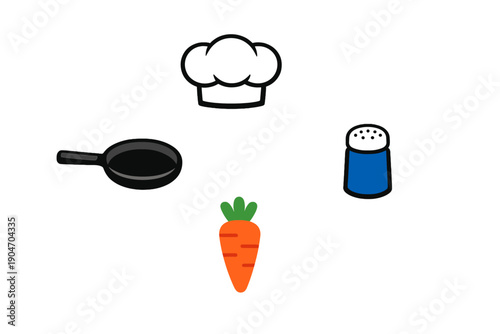 Cooking tools and ingredients are displayed in a simple design, showing a chef hat, a frying pan, a salt shaker, and a carrot in a flat layout