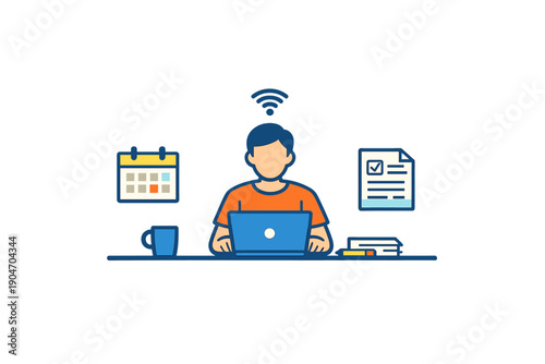 Working at a desk using a laptop with calendar, checklist, and coffee cup in a home office setting in the daytime