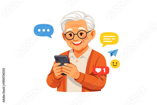Elderly man using smartphone and smiling while receiving messages and social media notifications in a digital environment