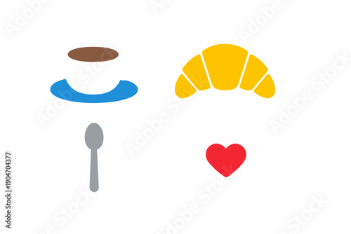 Enjoying coffee and croissant with a spoon and heart symbols for sharing love at breakfast time