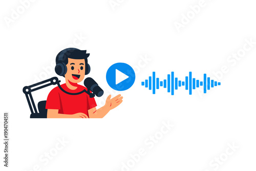 Young podcaster recording a show with microphone and headphones in studio setting during daytime