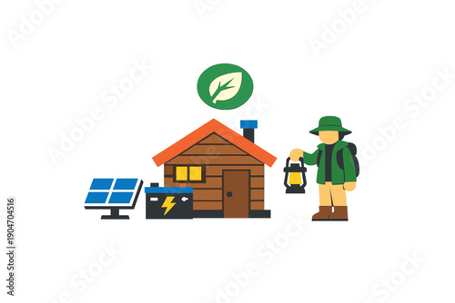 Person holds lantern next to a cabin with solar panels and a battery, showcasing a sustainable living setup in a forest area during daytime