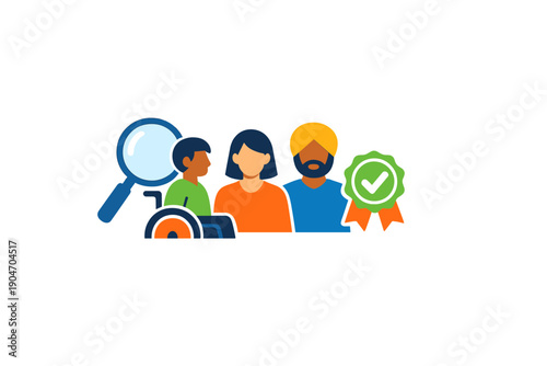 People looking at a magnifying glass with a badge in a setting that shows teamwork, attention, and evaluation