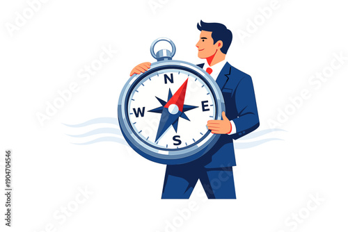 Businessman holding a compass in office setting to show direction and guidance for career choices and decisions