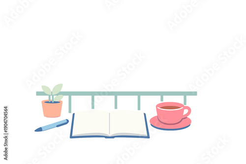 Workspace with a notebook, pen, plant, and cup of coffee on a table near a fence during the daytime