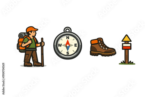 Hiker with backpack stands next to compass and hiking boot alongside trail marker in outdoor setting during daytime