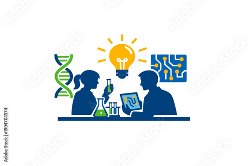 Scientists work together in a laboratory to explore ideas, experiment, and find solutions using different tools and technologies during a creative session