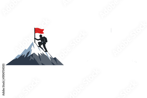 Climber reaches the peak of a mountain and raises a flag to celebrate the achievement during bright day