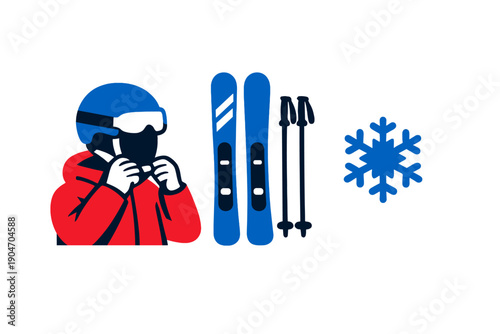 Skiing activities in snowy mountains with equipment and a person preparing for a fun day on the slopes during winter