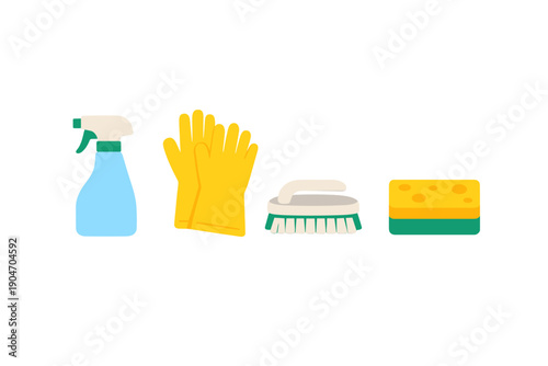 Cleaning supplies including spray bottle, rubber gloves, scrubber, and sponge on a white background