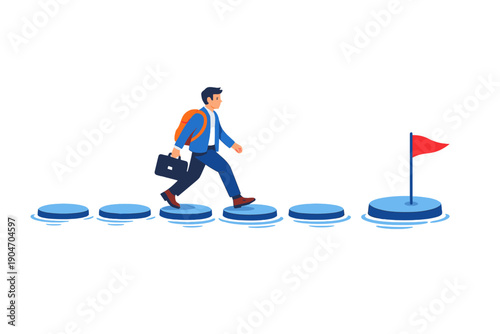 Man walking on stepping stones towards a flag on a small island in a conceptual graphic about reaching goals and success