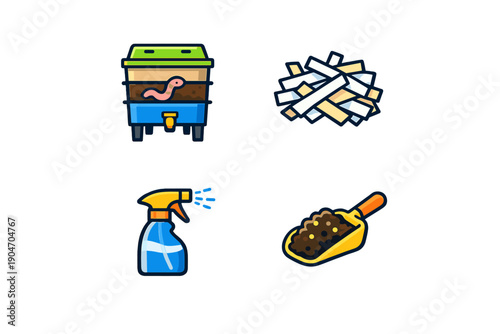 Worm composting setup with spray bottle, scoop, and paper strips in garden waste container under indoor lighting