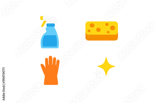 Cleaning tools and supplies are arranged on a white background showing a spray bottle, sponge, cleaning glove, and sparkle effect