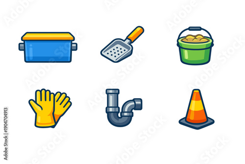 Various cleaning and maintenance tools and equipment displayed on a plain background showing their purpose and use for cleaning tasks at home or work