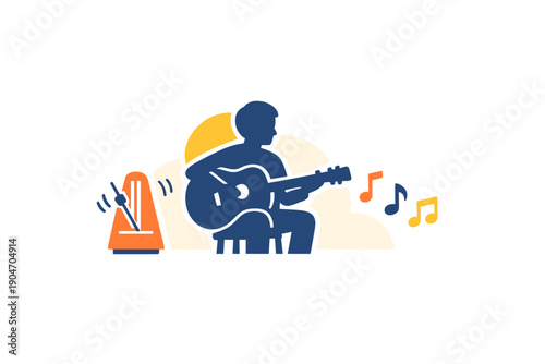 Musician plays guitar while using a metronome in a creative space during the afternoon