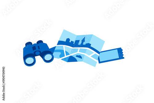 Planning a city exploration with a map, binoculars, and a ticket showing interest in local sights or events