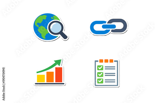 Visual elements showing global search link data analysis growth and task checklist in a simple layout useful for digital marketing strategies