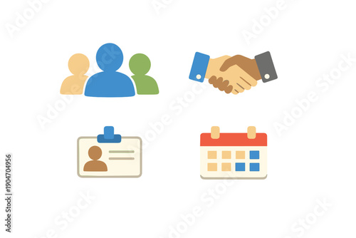 Meeting and networking elements with people, handshake, ID card, and calendar symbols displayed in a clear layout