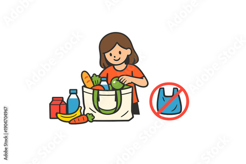 Woman places groceries in a reusable bag while avoiding plastic bags in a bright kitchen setting during the daytime