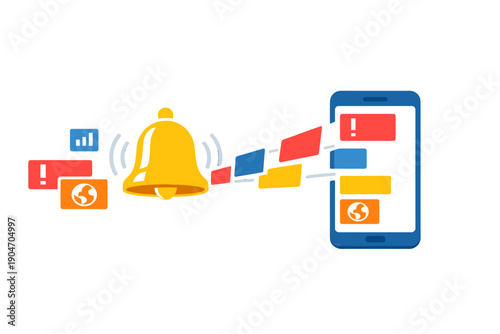 Notification alert from a mobile phone with a bell icon and colorful message bubbles showing updates and alerts in a digital format