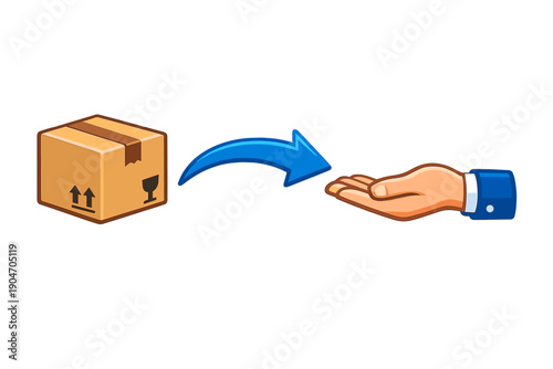 Delivery process shows a package moving from a box to a hand in a simple diagram illustrating logistics at a shipping service center