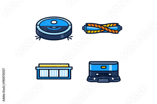 Various parts and accessories for robotic vacuum cleaners displayed on a plain background for educational purposes and product information
