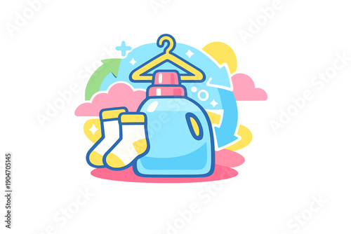 Container of laundry detergent with clothes and socks on a hanger in a laundry room showing a cleaning theme