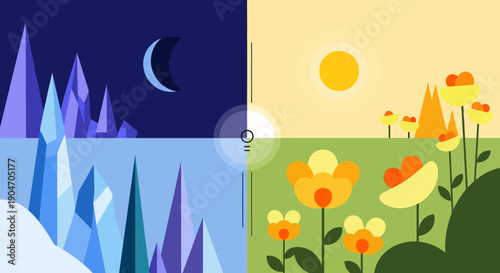 Split Screen Landscape with Mountains and Flowers.