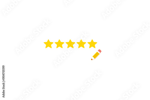 Five stars are shown in a speech bubble with a pencil, commonly used to indicate high ratings in reviews and evaluations of services or products