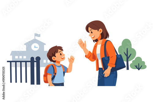 Child greets parent outside school building during morning drop-off time before classes start in a bright educational setting
