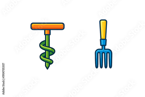 Garden tools include a soil auger and a hand fork placed side by side on a plain background in a simple and clear layout