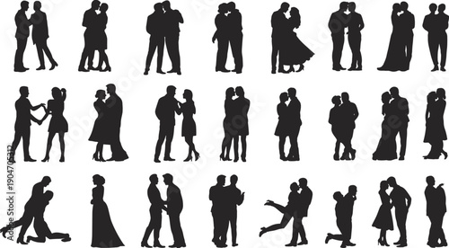 Romantic couple silhouette set, men and women embracing kissing dancing poses, love relationship characters isolated on white background