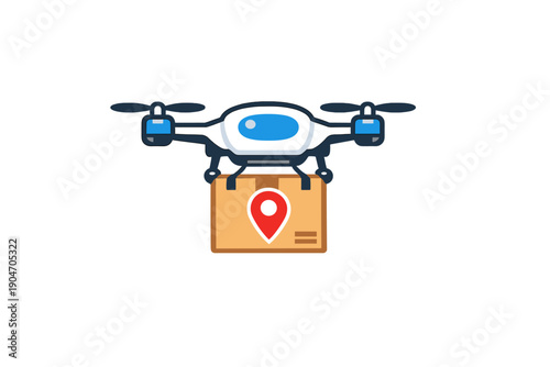 Drone delivers package with location tag in urban setting during daytime hours, showing modern technology in use for shipping and logistics tasks