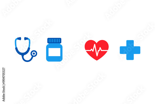 Symbols of health care include stethoscope, medicine bottle, heart with pulse line, and medical cross representing various aspects of health services