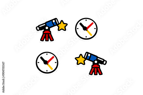 Telescope and clock designs in simple shapes and bright colors show connection between time and astronomy activity