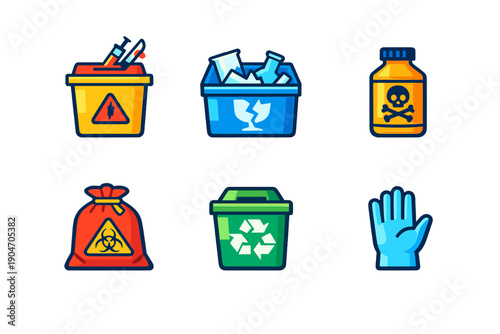 Various containers for waste disposal in a healthcare setting showing biohazard, recyclables, and hazardous materials
