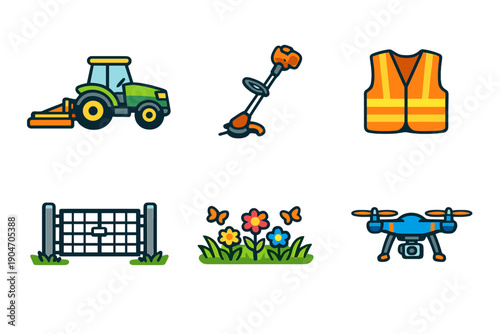 Various agricultural tools and items are shown including a tractor, a trimmer, a safety vest, a drone, a fence, and flowers in a garden
