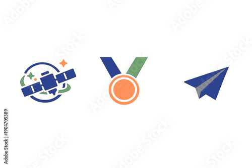 Different symbols represent space exploration, achievement, and aviation in a simple design that highlights innovation and human curiosity about the universe