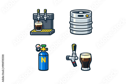 Bar items used for serving and storing beer in a brewing setup with taps, a keg, and gas equipment in a simple design