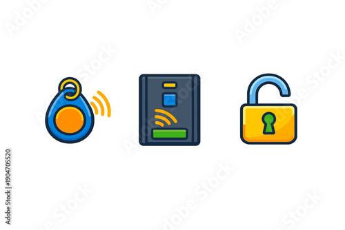 Wireless access key fob, reader device, and unlock padlock shown side by side for security technology in everyday use