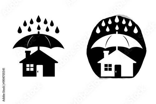 Umbrella protecting house from rain with black and white design in a simple graphic format
