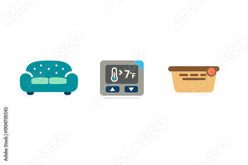 Different objects including a couch, a temperature display, and a storage basket arranged on a flat surface with a white background at a shared indoor space