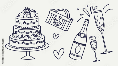 Hand drawn line art illustration featuring a tiered wedding cake, champagne bottle and glasses