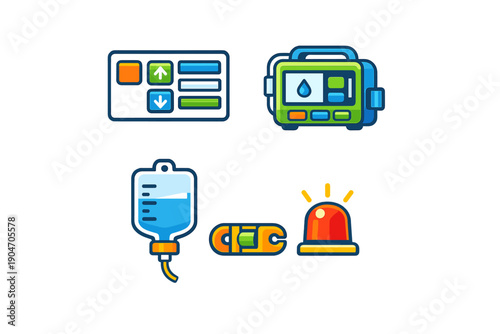 Icons of medical equipment and emergency tools used in hospitals and clinics during patient care and treatment