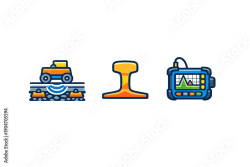 Equipment used in railroad maintenance showing a track inspection vehicle, a spike, and a monitoring device during daytime activity at a rail yard