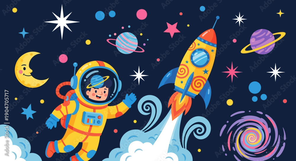 Fototapeta premium Astronaut in Space Suit Flying with Rocket.