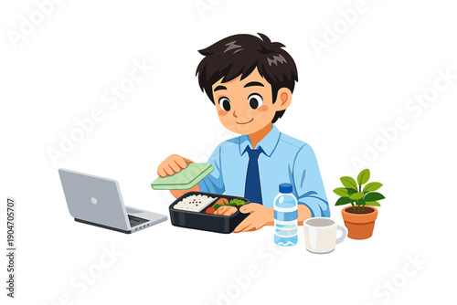 Man in a blue shirt enjoys his lunch from a container while sitting at a desk with a laptop in an office setting during the day