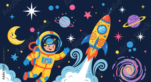 Astronaut in Space Suit Flying with Rocket.