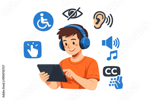 Person using a tablet with headphones in a setting showing accessibility symbols for vision, hearing, and mobility support